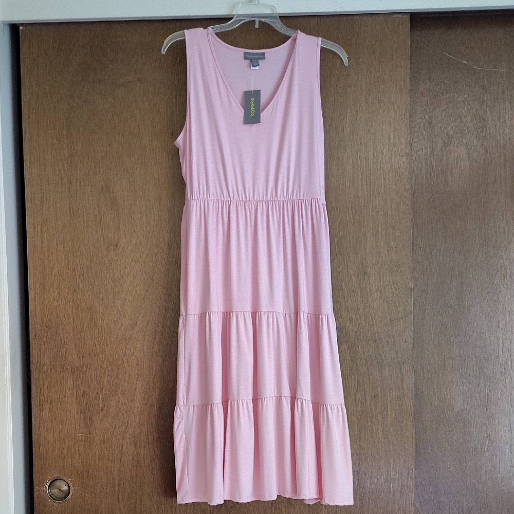 Sleeveless Pink Tiered Midi Dress, feminine and pretty. Stretchy waist.